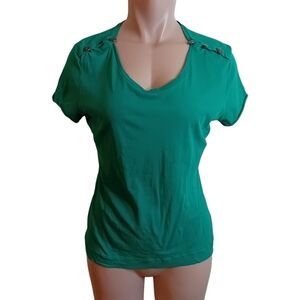 Women's Y2K MNG By Mango Green Turquoise Tshirt W/‎ Anchor Button Sleeves Size L